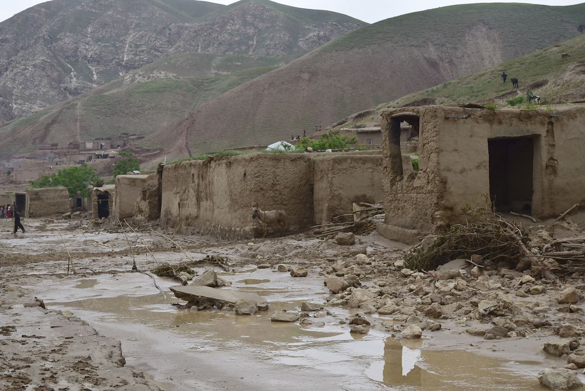 A donkey stands amid debris next to damaged houses along a mud covered road following a flash flood after a heavy rainfall in Sheikh Jalal village in Baghlan province. (AFP)