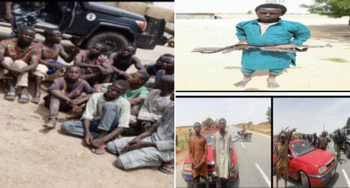 A combination of photos posted by the Nigerian Army on social media shows some of the 100 students seized by armed gangs on Thursday from the Confluence University of Science and Technology in Osara, Kogi state, after they were rescued on Sunday. (X: @HQNigerianArmy)