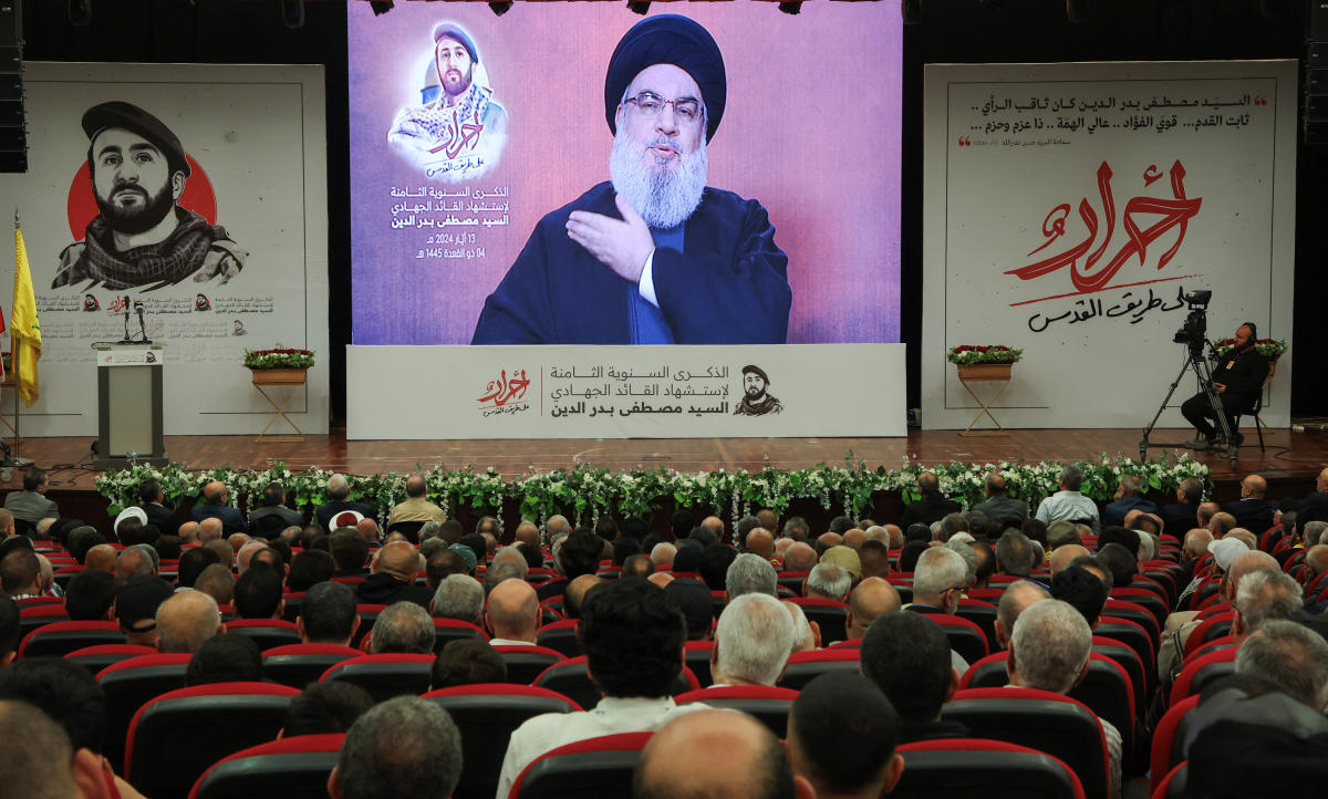 Lebanon’s Hezbollah leader Sayyed Hassan Nasrallah gives a televised address during a rally in Beirut’s southern suburbs, Lebanon, May 13, 2024. (Reuters)