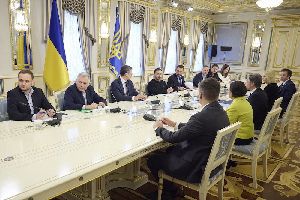 Above, Ukraine’s President Volodymyr Zelenskyy, fourth left, during a meeting with US Secretary of State Antony Blinken, third right, in Kyiv on May 14, 2024. (Ukrainian Presidential Press Office via AP)