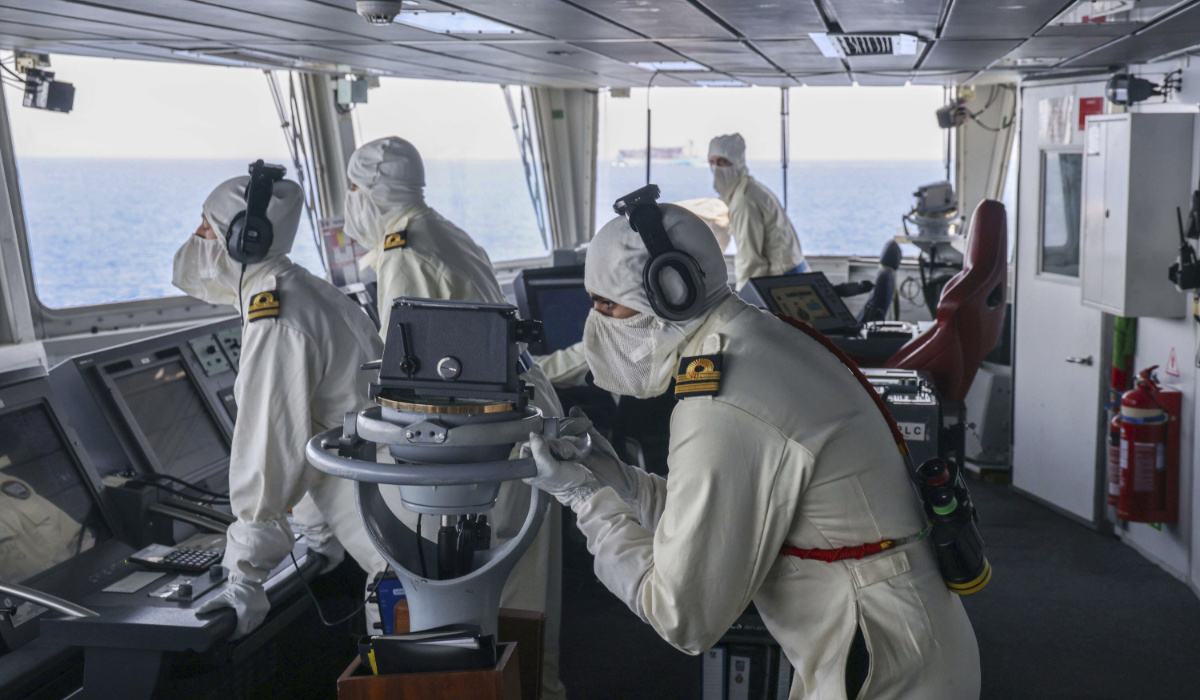 Members of the HMS Diamond's Bridge team shoot down a missile fired by Houthis from Yemen, Wednesday, April 24, 2024. (AP)