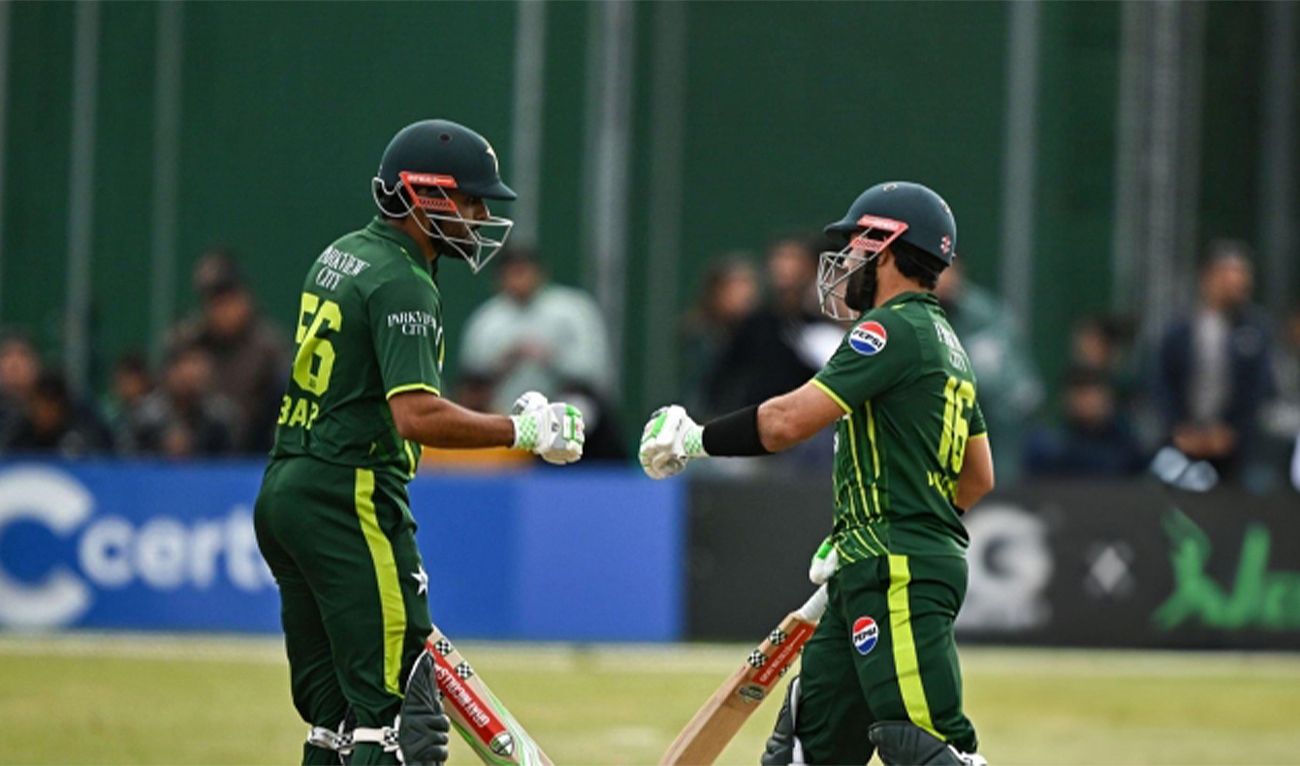 Pakistan skipper Babar Azam (left) and Muhammad Rizwan celebrate during the third T20 match against Ireland in Dublin, Ireland on May 14, 2024. (PCB)