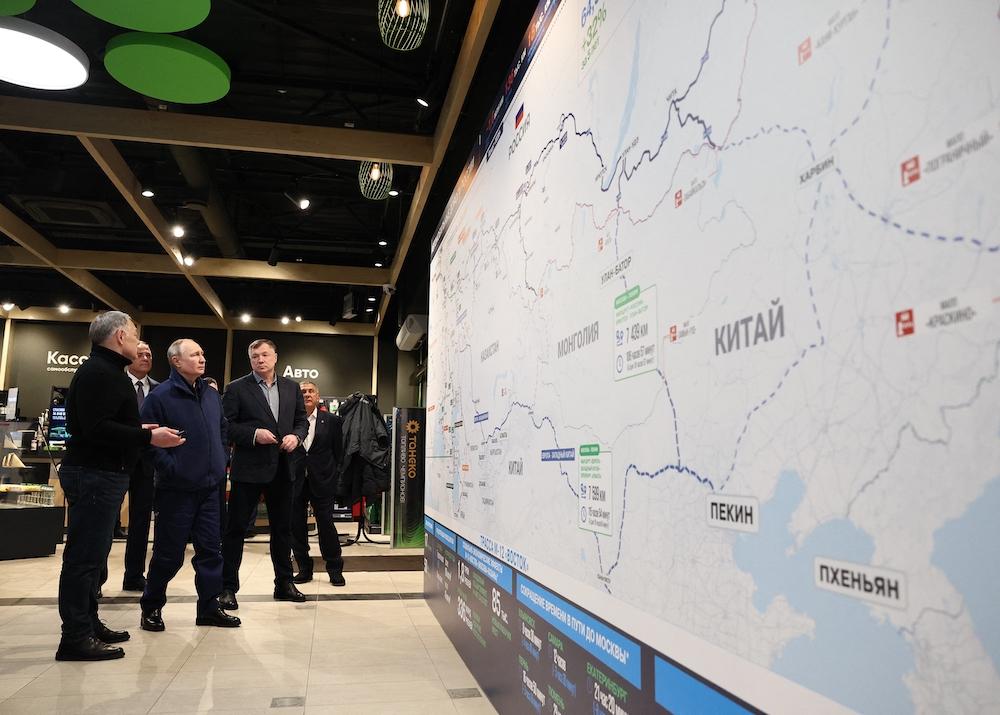 Above, Russia’s President Vladimir Putin visits a roadside service area of M12 Vostok Highway in Tatarstan on Feb. 22, 2024. (Sputnik via AFP)