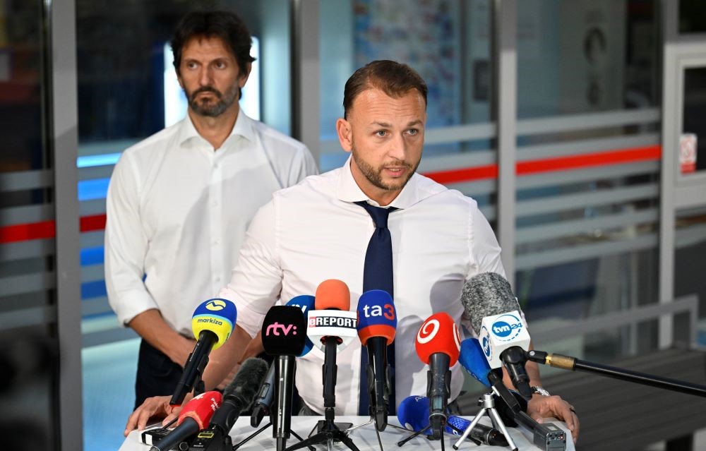Slovakia’s Interior Minister Matus Sutaj Estok addresses the press with Deputy PM Robert Kalinak, F. D. Roosevelt University Hospital, Banska Bystrica, Slovakia, Wednesday, May 15, 2024. (AP Photo)