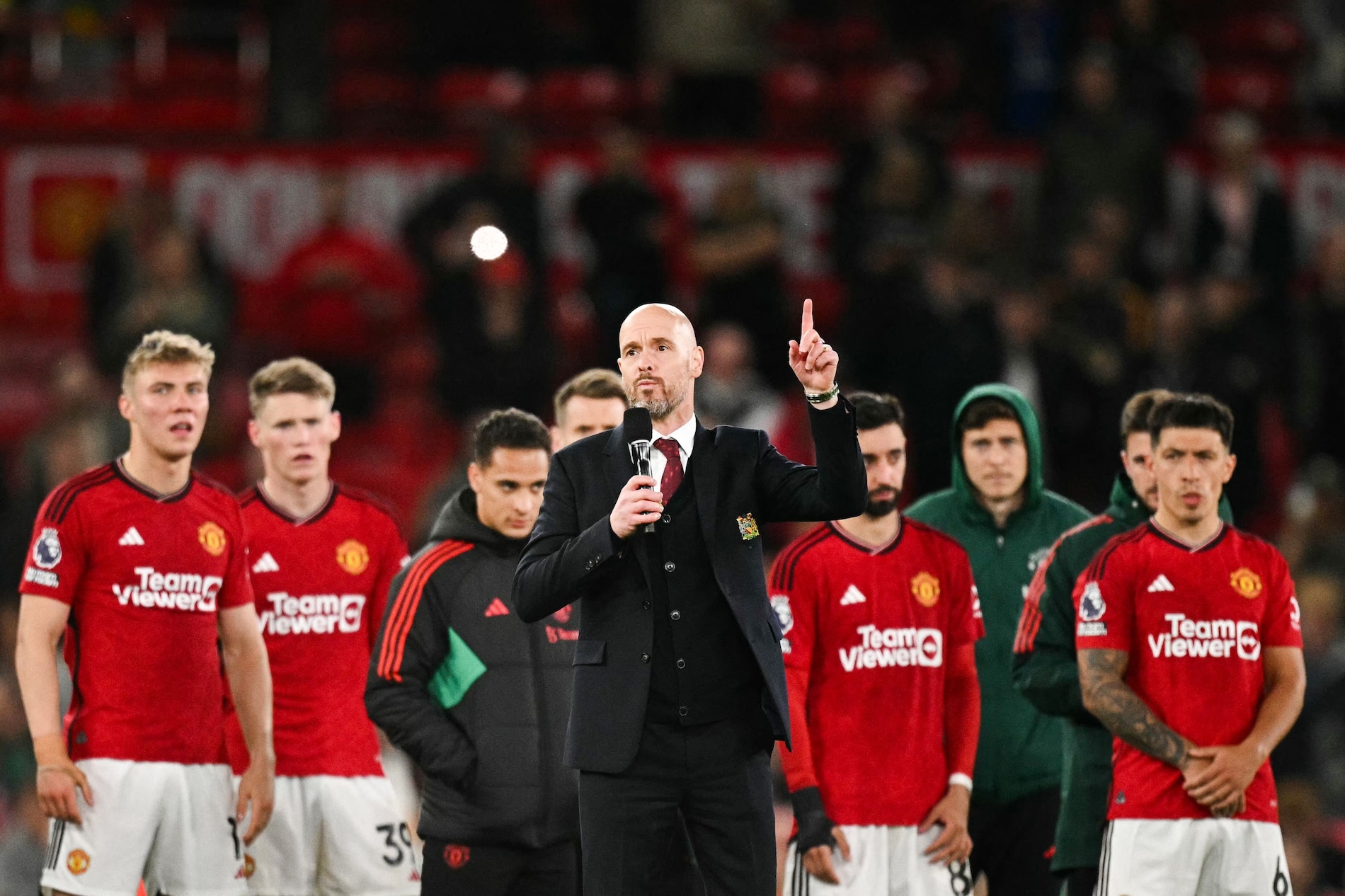 Manchester United's Dutch manager Erik ten Hag delivers a speech at the end of the English Premier League football match between Manchester United and Newcastle United at Old Trafford in Manchester, north west England, on May 15, 2024. (AFP)