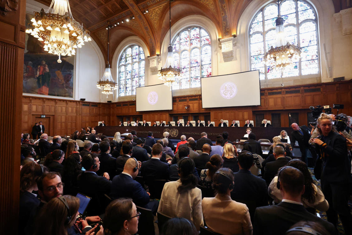 South African and Israeli delegations sit in front of judges at the International Court of Justice (ICJ), at the start of a hearing where South Africa requests new emergency measures over Israel’s attacks on Rafah, in The Hague on May 16, 2024. (Reuters)