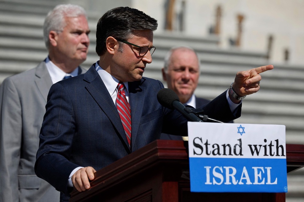 Speaker of the House Mike Johnson (R-LA), Majority Whip Tom Emmer (R-MN) (L) and Majority Leader Steve Scalise (R-LA) (R) call on the Senate to take up the Israel Security Assistance Support Act. (AFP/Getty Images)