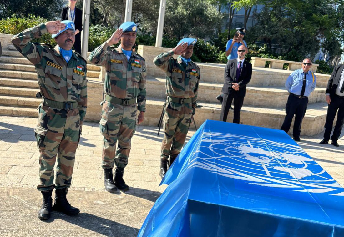 UN officers pay their last respects to Col. Waibhav Anil Kale at the Indian embassy in Tel Aviv on May 17, 2024. (Indian MEA)