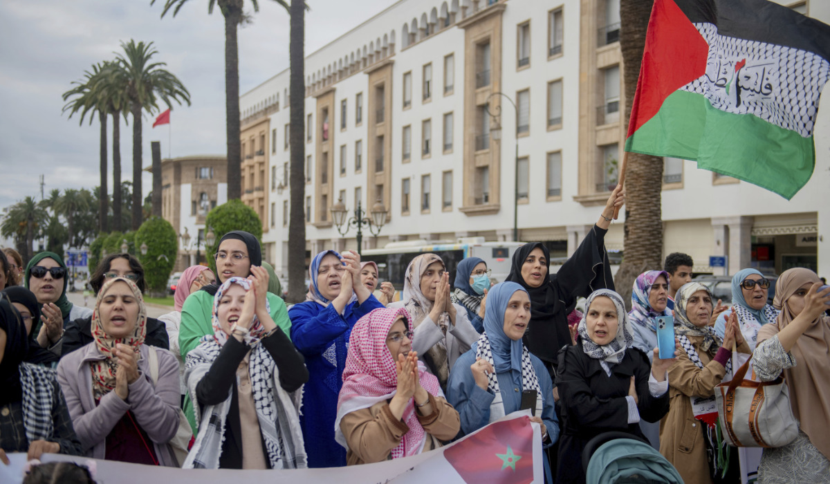 Moroccans take part in a pro-Palestinian demonstration and against normalisation with Israel, in Rabat, Morocco, Friday, May 17, 2024. (AP)