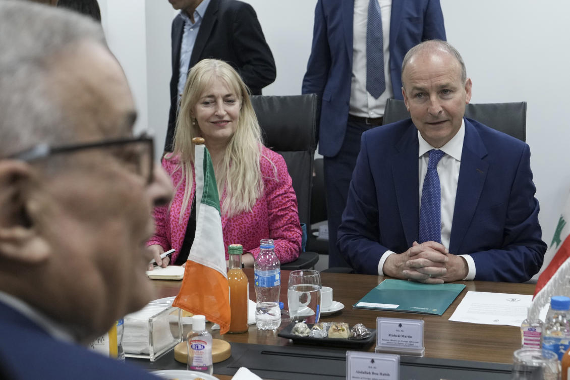 Lebanese Foreign Minister Abdallah Bouhabib, left, meets with Ireland’s Deputy Prime Minister and Foreign Minister Micheal Martin, right, in Beirut, Lebanon. (AP)