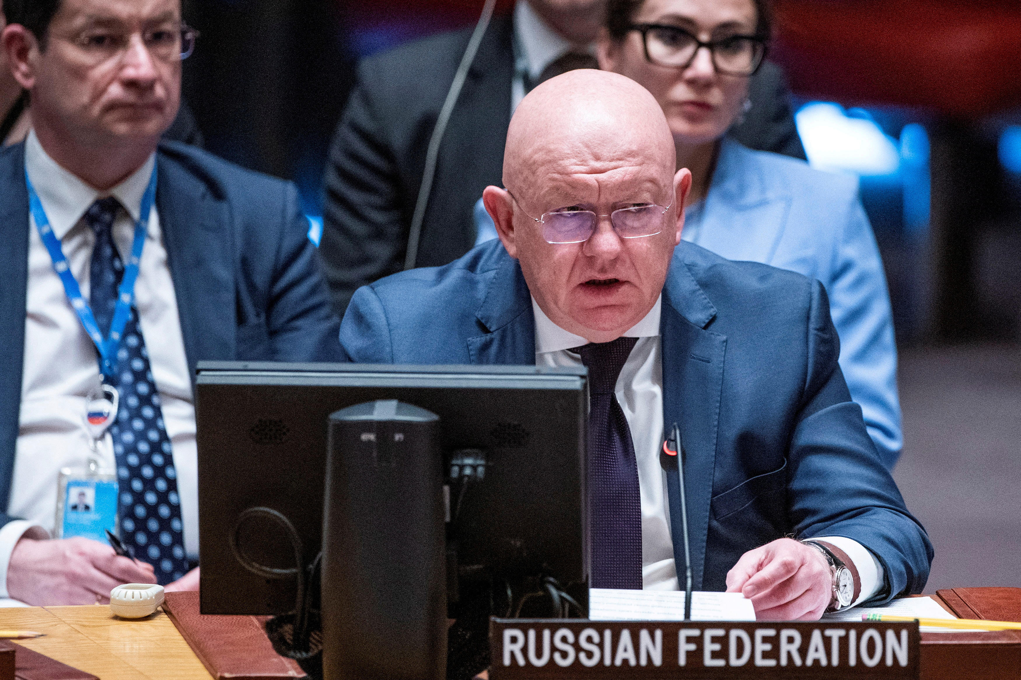 Russia’s Representative to the United Nations Vassily Nebenzia addresses the Security Council during a meeting on the maintenance of International Peace and Security Nuclear disarmament and non-proliferation at UN headquarters in New York City, US, May 20, 2024. (Reuters)