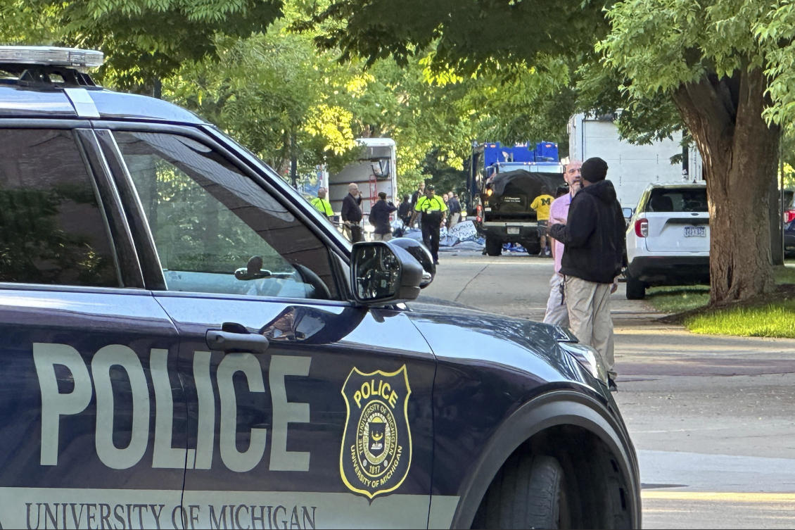 University of Michigan campus police block an area on May 21, 2024, in Ann Arbor, Michigan, where a pro-Palestinian encampment had been set up since late April. (AP)