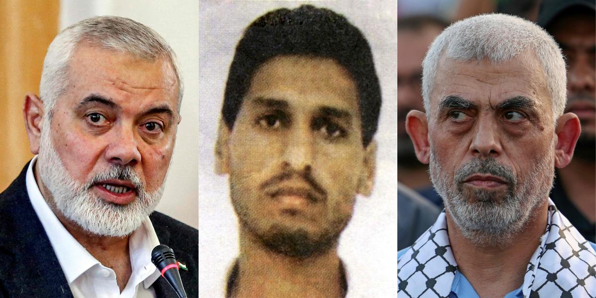 This combination of pictures created on May 21, 2024, shows (L/R): Ismail Haniyeh, the Doha-based political bureau chief of Hamas, the alleged military leader of Hamas movement, Mohammed Deif, and head of Hamas’s political wing in Gaza Yahya Sinwar. (AFP)