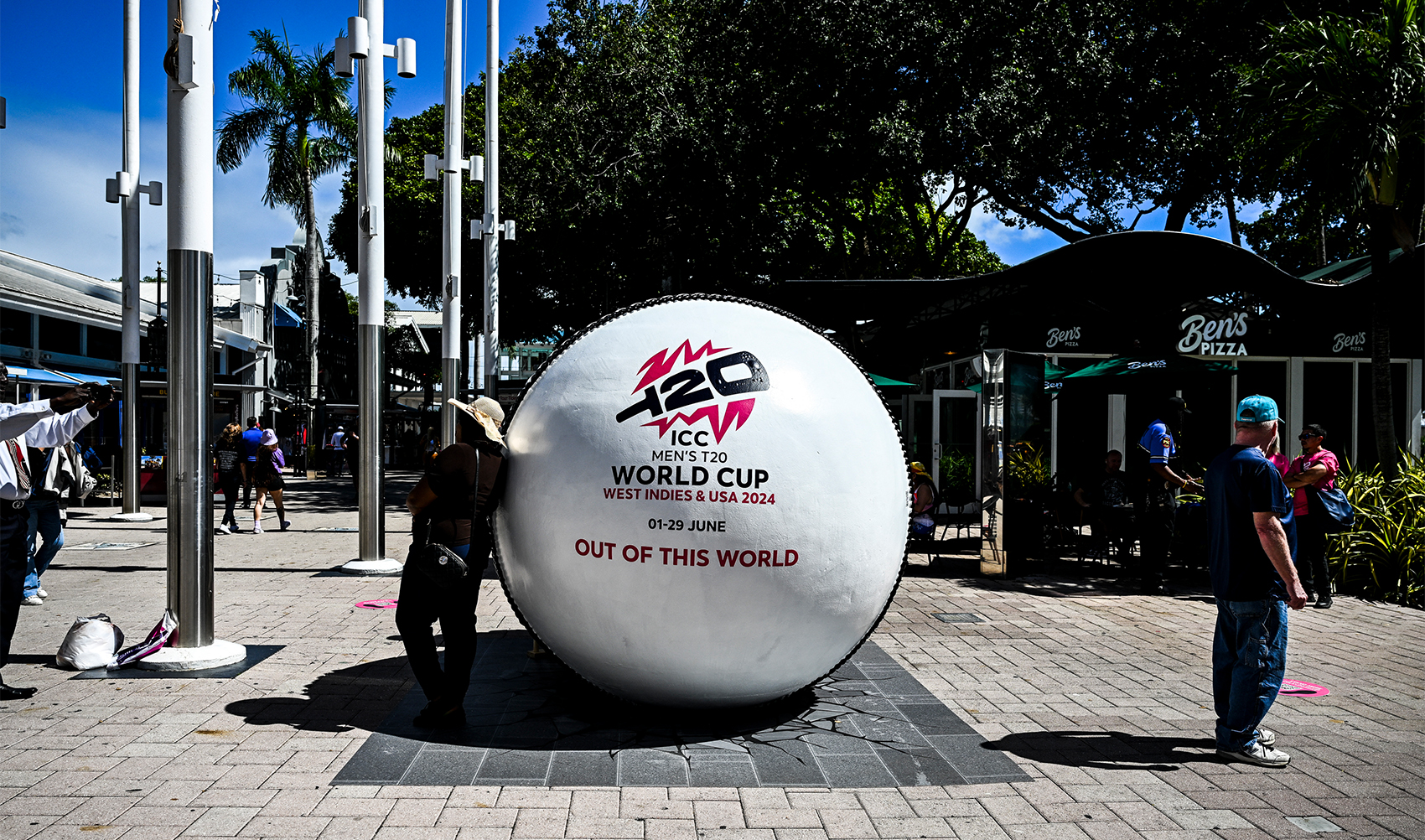 A giant cricket ball is seen installed at a marketplace to mark 100 days to go for the ICC Men’s T20 World Cup in Miami, Florida, on February 22, 2024. (AFP/File)