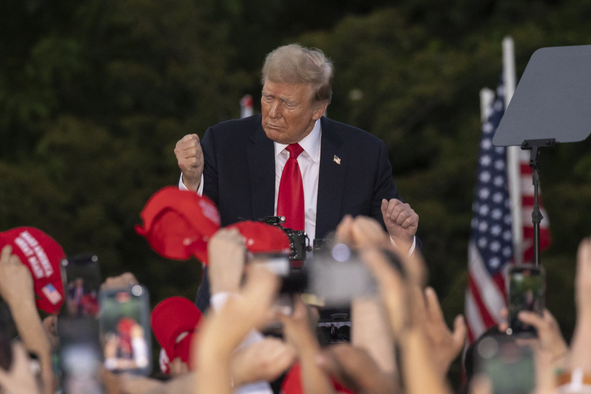 Republican presidential candidate former President Donald Trump dances after a campaign rally in the south Bronx on May 23, 2024, in New York. (AP Photo)