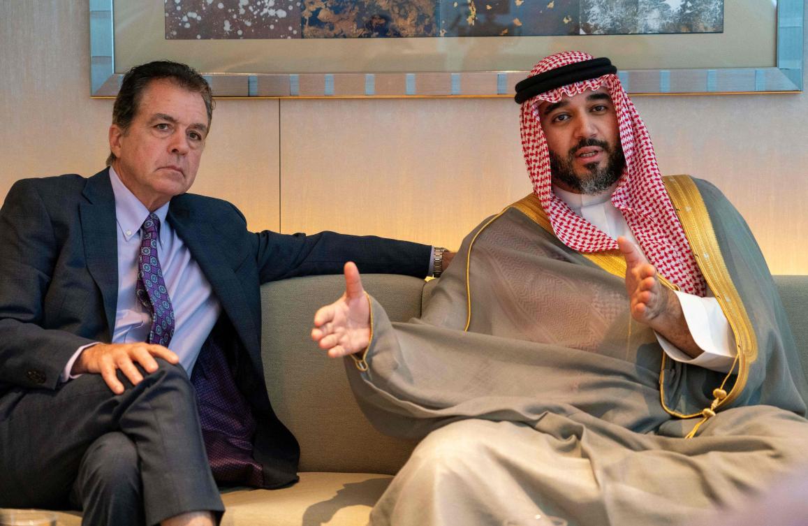 Saudi Prince Faisal bin Bandar bin Sultan Al Saud (R), Chairman of the Saudi Esports Federation, speaks alongside Savvy Games Group CEO Brian Ward during an AFP interview in Tokyo. (AFP)