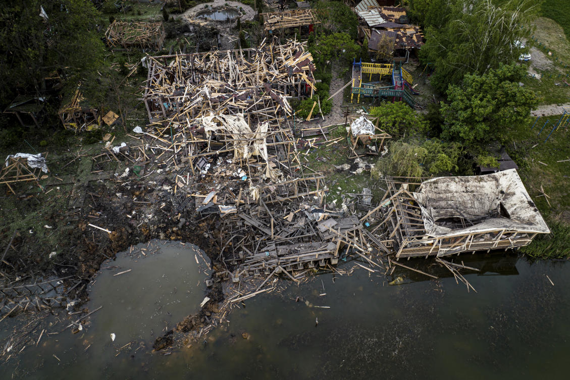 Destroyed resort compound is seen from above after a Russian rocket attack near Kharkiv on May 19, 2024. (AP)