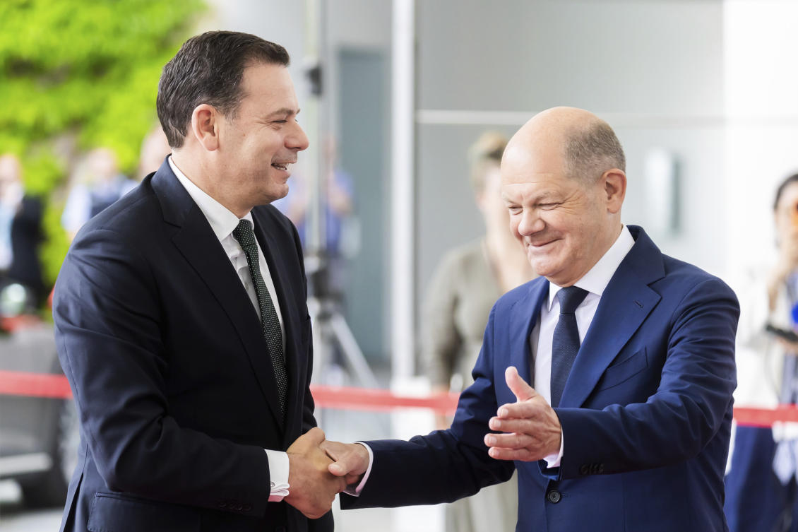 German Chancellor Olaf Scholz welcomes Portugal’s Prime Minister Luis Montenegro during their meeting at the Federal Chancellery in Berlin on May 24, 2024. (AP)