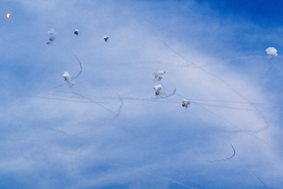 Israel’s Iron Dome anti-missile system intercepts rockets launched from Lebanon, amid ongoing cross-border hostilities between Hezbollah and Israeli forces, as seen from the Hula Valley in northern Israel, May 23, 2024. (Reuters)