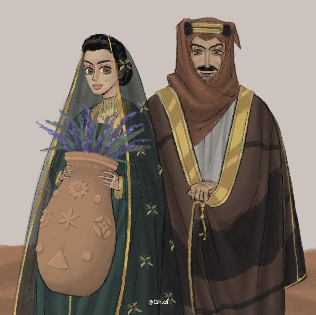 Drawing from the beauty of Saudi culture and traditions, many of Ghada Al-Shammari artworks depict men and women in tradition Najdi-style garments. (Supplied)