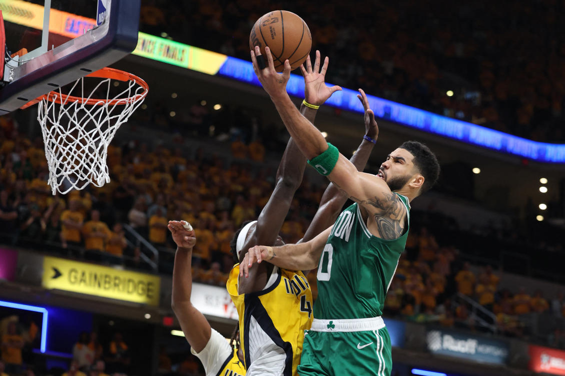 Jayson Tatum scored 36 points, added 10 rebounds and eight assists for the Boston Celtics in erasing an 18-point deficit to beat the Indiana Pacers 114-111 on Saturday and take a commanding 3-0 lead in the NBA Eastern Conference finals. (USA TODAY Sports)