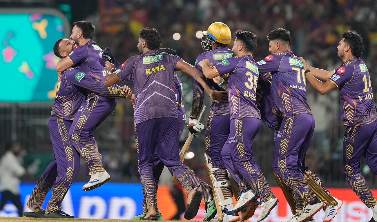 Kolkata Knight Riders players celebrate after wining against Sunrisers Hyderabad during the Indian Premier League cricket final match in Chennai on May 26, 2024. (AP)