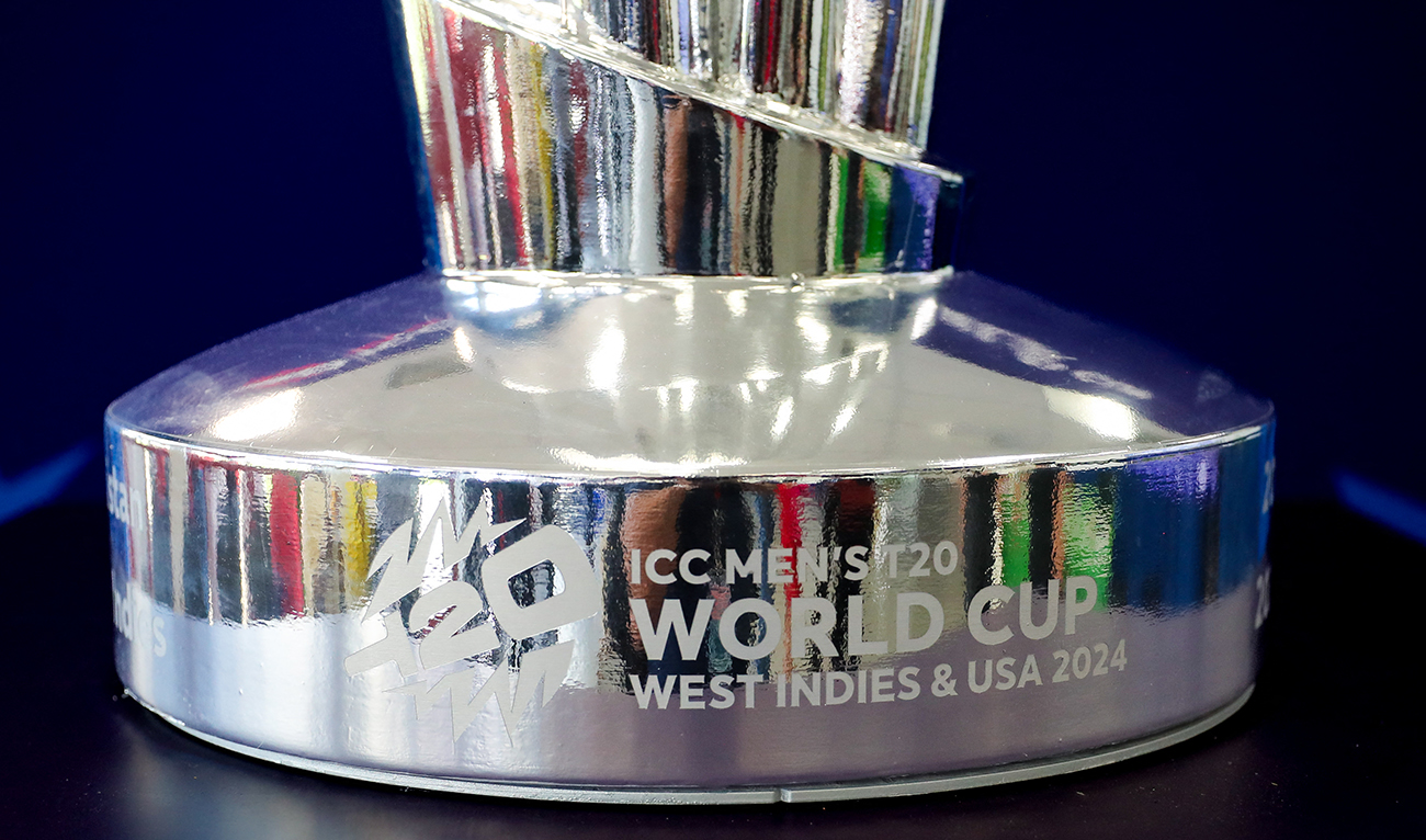 The ICC Men's T20 World Cup trophy is displayed at Broward Stadium in Lauderhill, Florida, on May 6, 2024. (AFP/File)