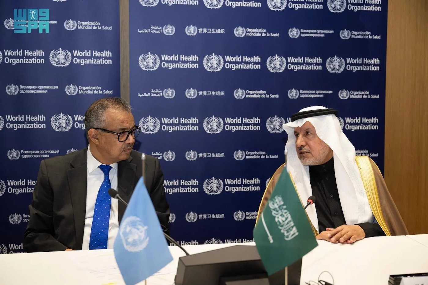 Agreement is signed by KSrelief General Supervisor Dr. Abdullah bin Abdulaziz Al-Rabeeah and WHO Director-General Dr. Tedros Adhanom Ghebreyesus. (SPA)