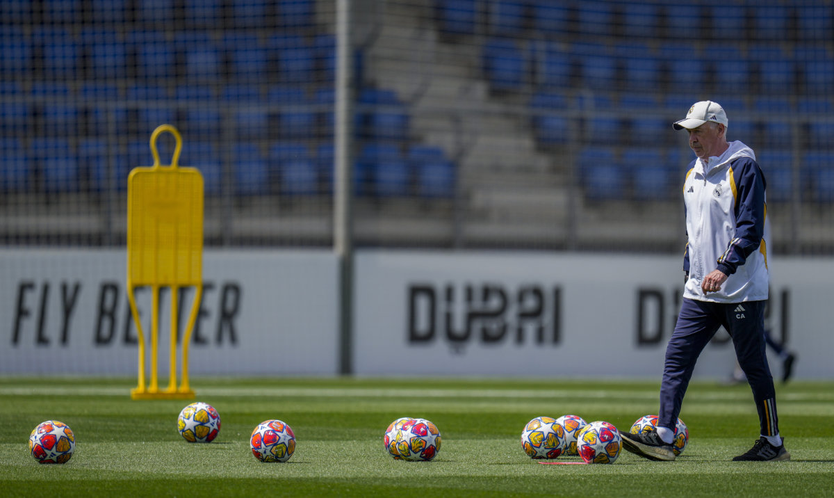 Real Madrid's head coach Carlo Ancelotti attends a training session during a Media Opening day in Madrid Monday. Borussia Dortmund will play against Real Madrid in Saturday's Champions League final in London. (AP)