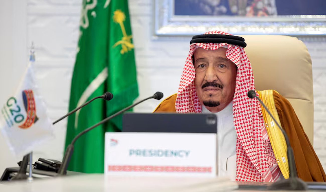 In this file photograph, taken on November 21, 2020, Saudi King Salman bin Abdulaziz gives a virtual speech during an opening session of the 15th annual G20 Leaders’ Summit in Riyadh, Saudi Arabia. (Saudi Royal Court/Handout via REUTERS/File)