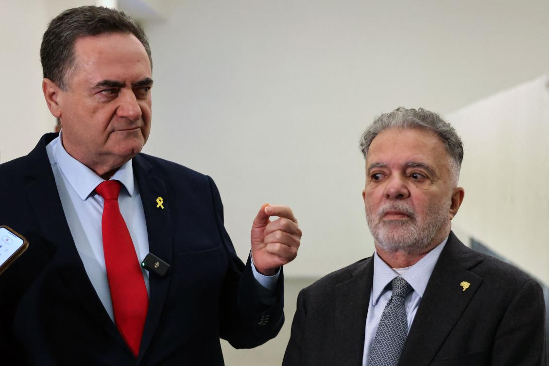 Israel’s Foreign Minister Israel Katz speaks to reporters during his summons to Brazil’s Ambassador in Israel Frederico Meyer at the Yad Vashem Holocaust Memorial museum in Jerusalem on Feb. 19, 2024. (AFP/File)