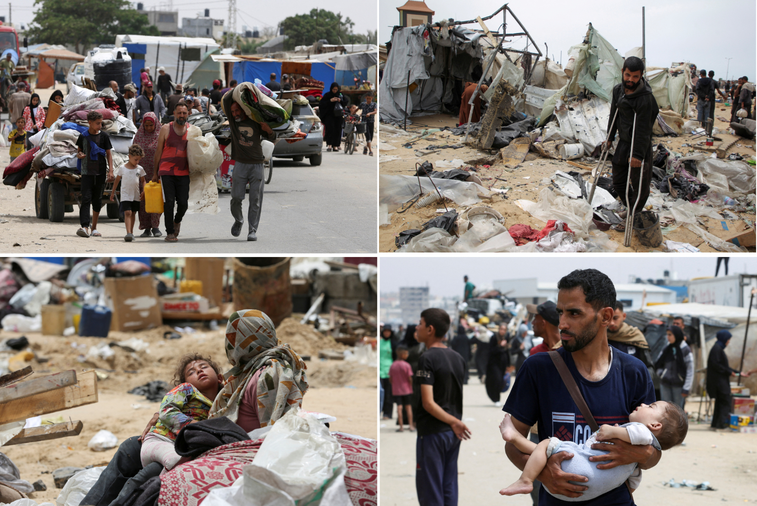 Combo image showing Palestinians reeling from the impact of the Israeli bombardment of their homes in Rafah, in the southern Gaza Strip, on May 28, 2024, as the Netanyahu government ignored pleas by the UN and Israel's own allies not to invade the enclave to spare civilians of more sufferings. (REUTERS photos)