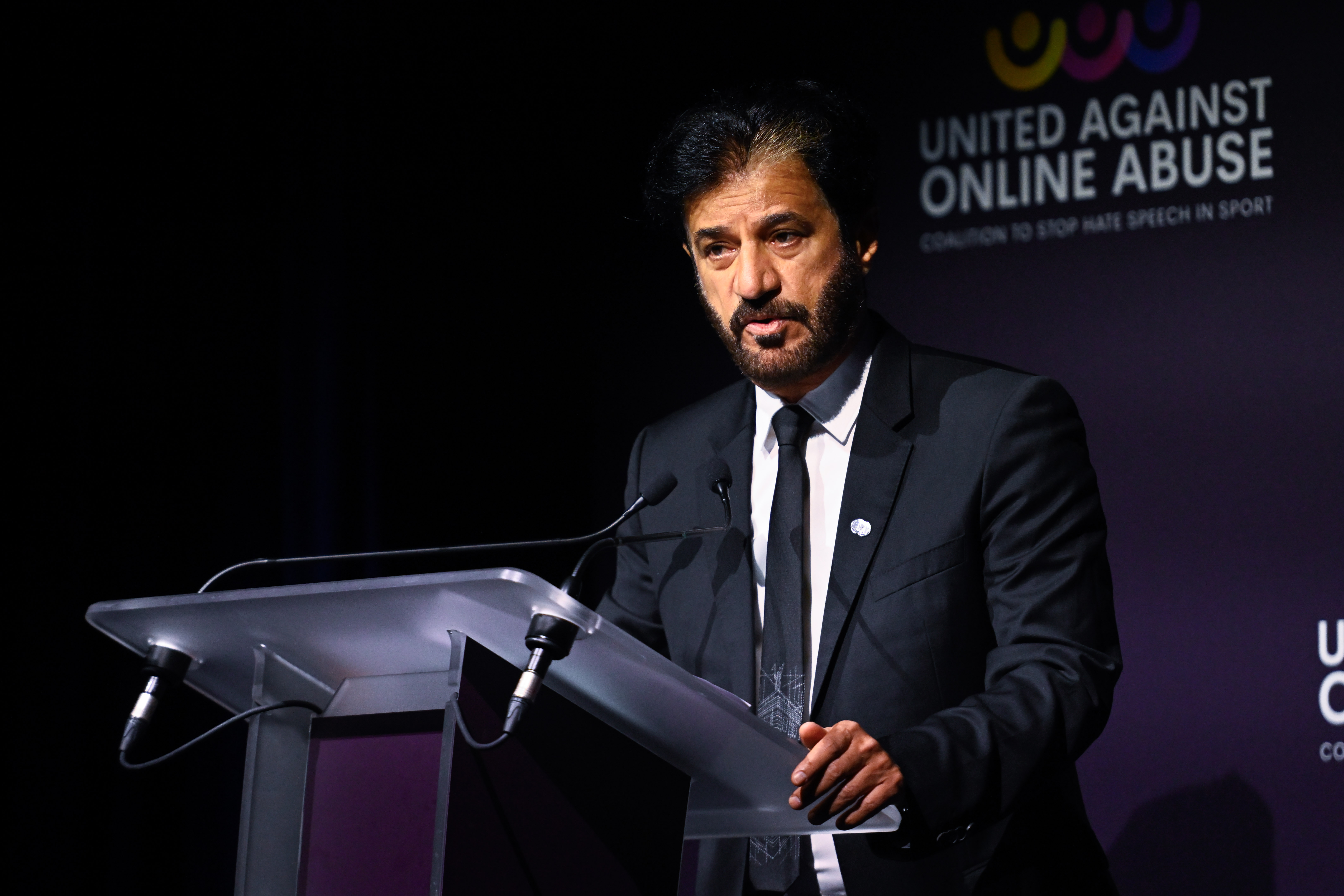 FIA President Mohammed Ben Sulayem speaking at the first United Against Online Abuse conference in Paris. (FIA)