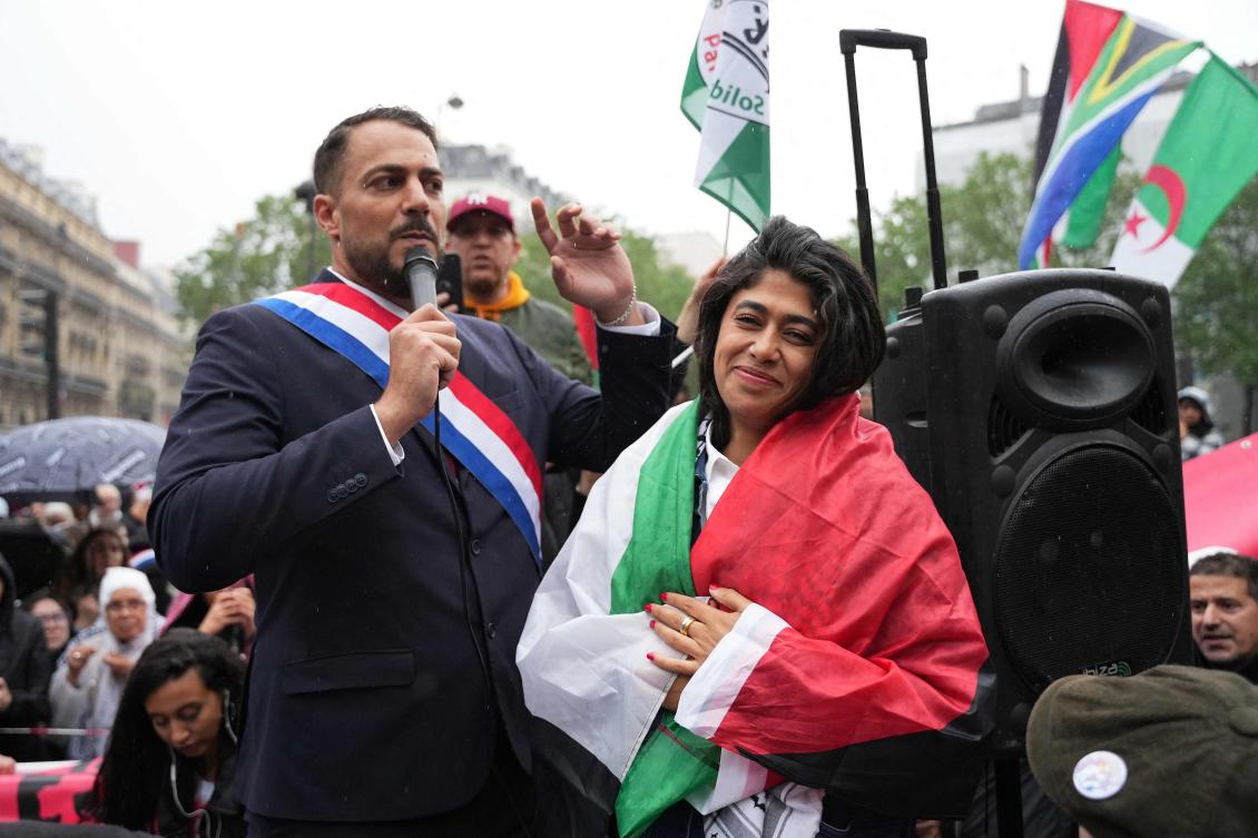 French MP for La France Insoumise during a rally to protest an Israeli strike on a camp in Rafah for internally displaced Palestinians which killed 45 people. (AFP)