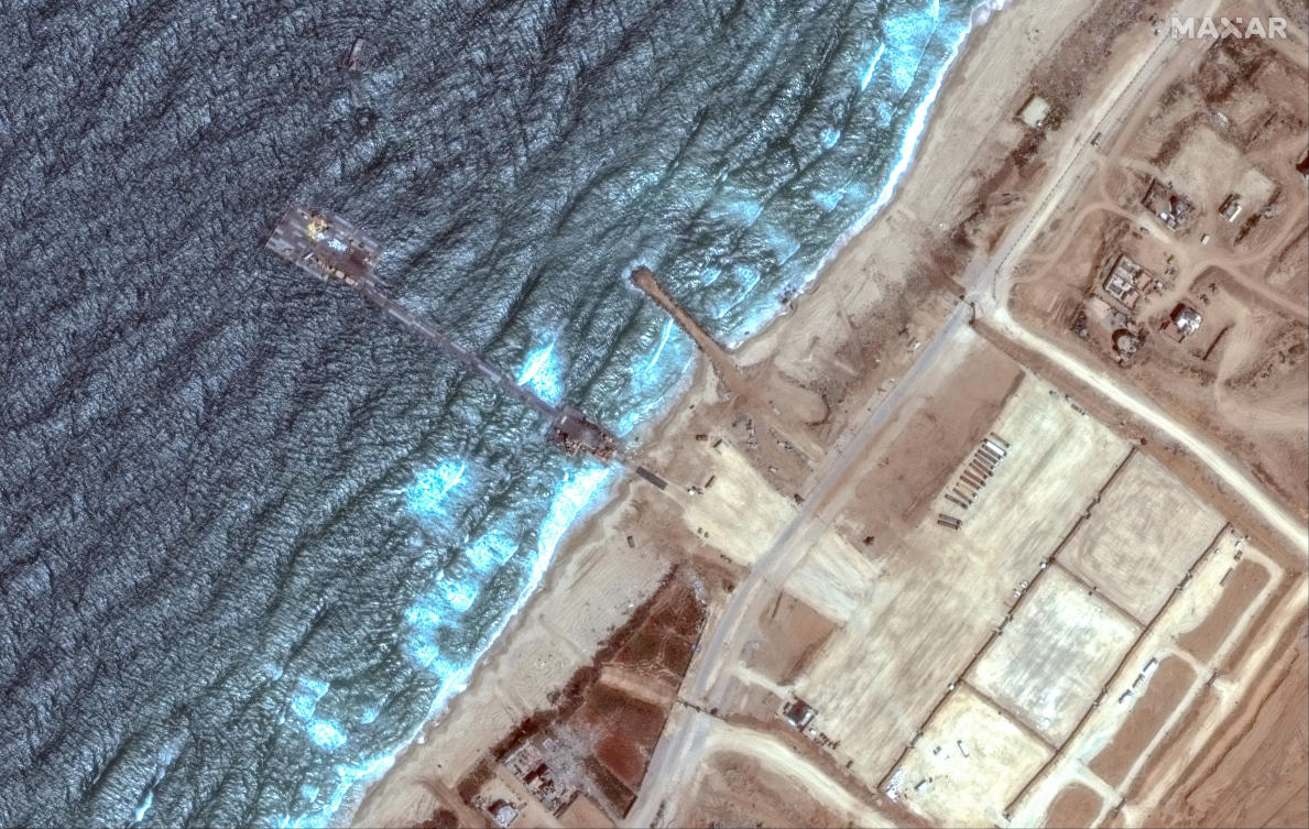 A satellite image shows an overview of trident pier, amid the ongoing conflict between Israel and the Palestinian Islamist group Hamas, on the Gaza shoreline. (File/Reuters)