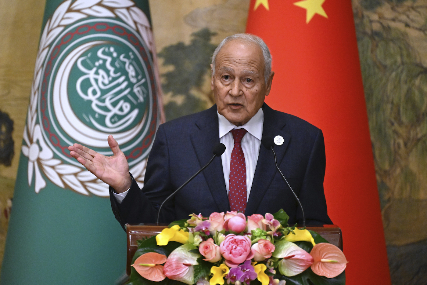 Arab League chief Ahmed Aboul Gheit speaks at a press conference during the 10th Ministerial Conference of the China-Arab States Cooperation Forum in Beijing on May 30, 2024. (AP)