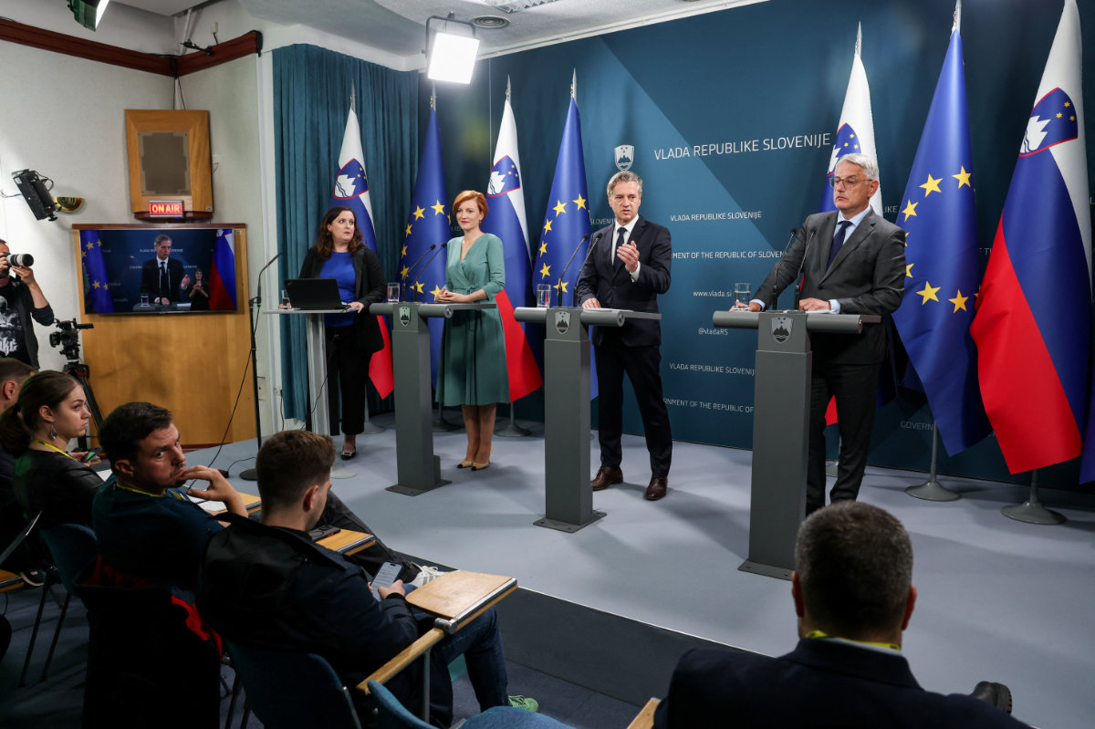 Slovenian Prime Minister Robert Golob, Culture Minister Asta Vrecko and Economy Minister Matjaz Han attend a press conference about the recognition of the Palestinian state, in Ljubljana, Slovenia, on May 30, 2024. (REUTERS)