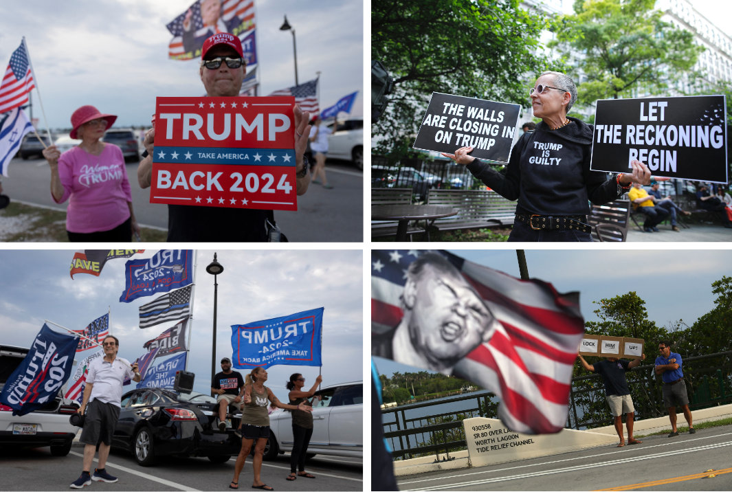 In this combo image, supporters and critics of Republican presidential nominee Donald Trump hold placards in New York and Florida on May 30, 2024, expressing their clashing sentiments on his felony convictions. (AP & Reuters photos)