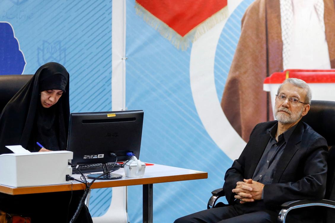 Former Iranian parliament speaker Ali Larijani registers at the elections registration office in Tehran on May 31, 2024, ahead of the country’s election of a new president next month. (AFP)
