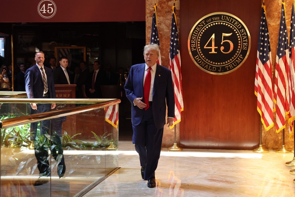 Former U.S. President Donald Trump enters a news conference at Trump Tower following the verdict in his hush-money trial at Trump Tower on May 31, 2024 in New York City. (Getty Images/AFP)