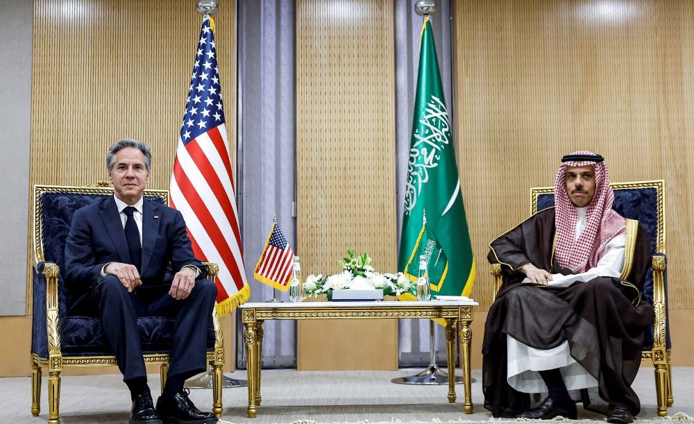 Antony Blinken and Prince Faisal bin Farhan at the Gulf Cooperation Council (GCC) Secretariat in Riyadh on April 29, 2024. (AFP)