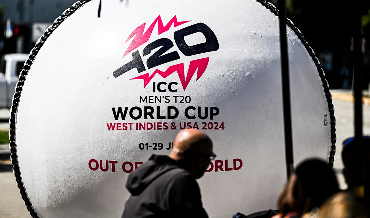 A giant cricket ball is installed at a marketplace to mark 100 days to go for the ICC Men’s T20 World Cup in Miami, Florida, on February 22, 2024. (AFP/File)