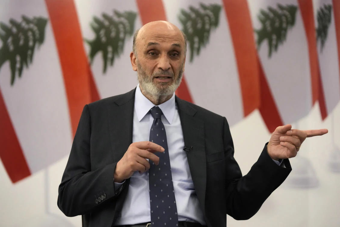 Samir Geagea, leader of the Christian Lebanese Forces party, gestures as he speaks during an interview with AP, in Maarab east of Beirut, on Apr. 30, 2024. (AP)