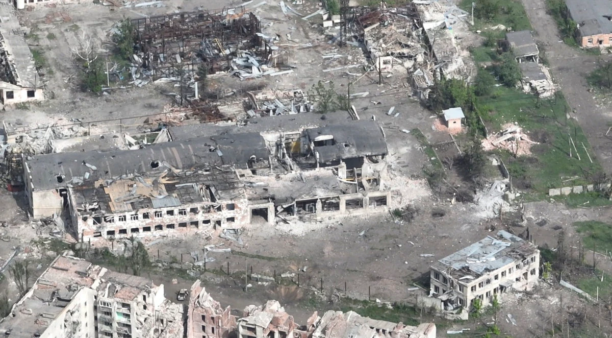 This photo taken from a drone video provided by Ukraine Patrol Police shows devastation in Chasiv Yar, an eastern Ukrainian city Russia is assaulting, on April 29, 2024. (Ukraine Patrol Police via AP)
