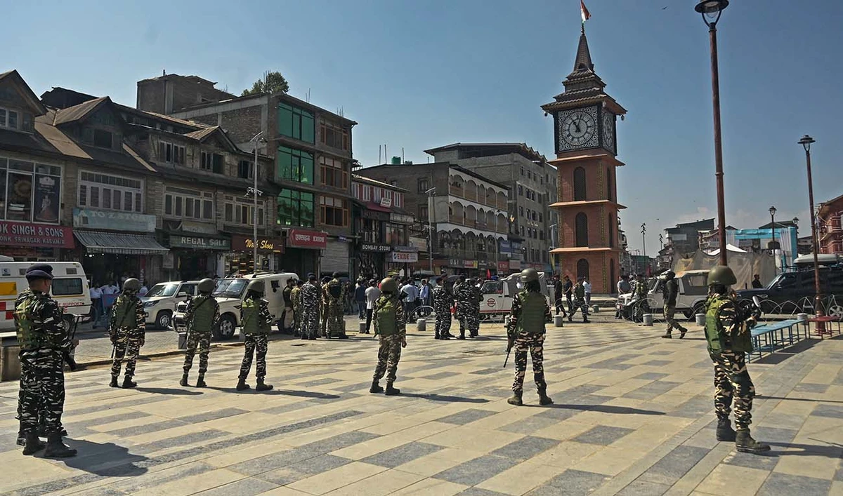 Indian paramilitary troopers stand guard during a function organised by India's Central Reserve Police Force (CRPF) at the Clock Tower in Srinagar on October 3, 2023. (AFP/File)