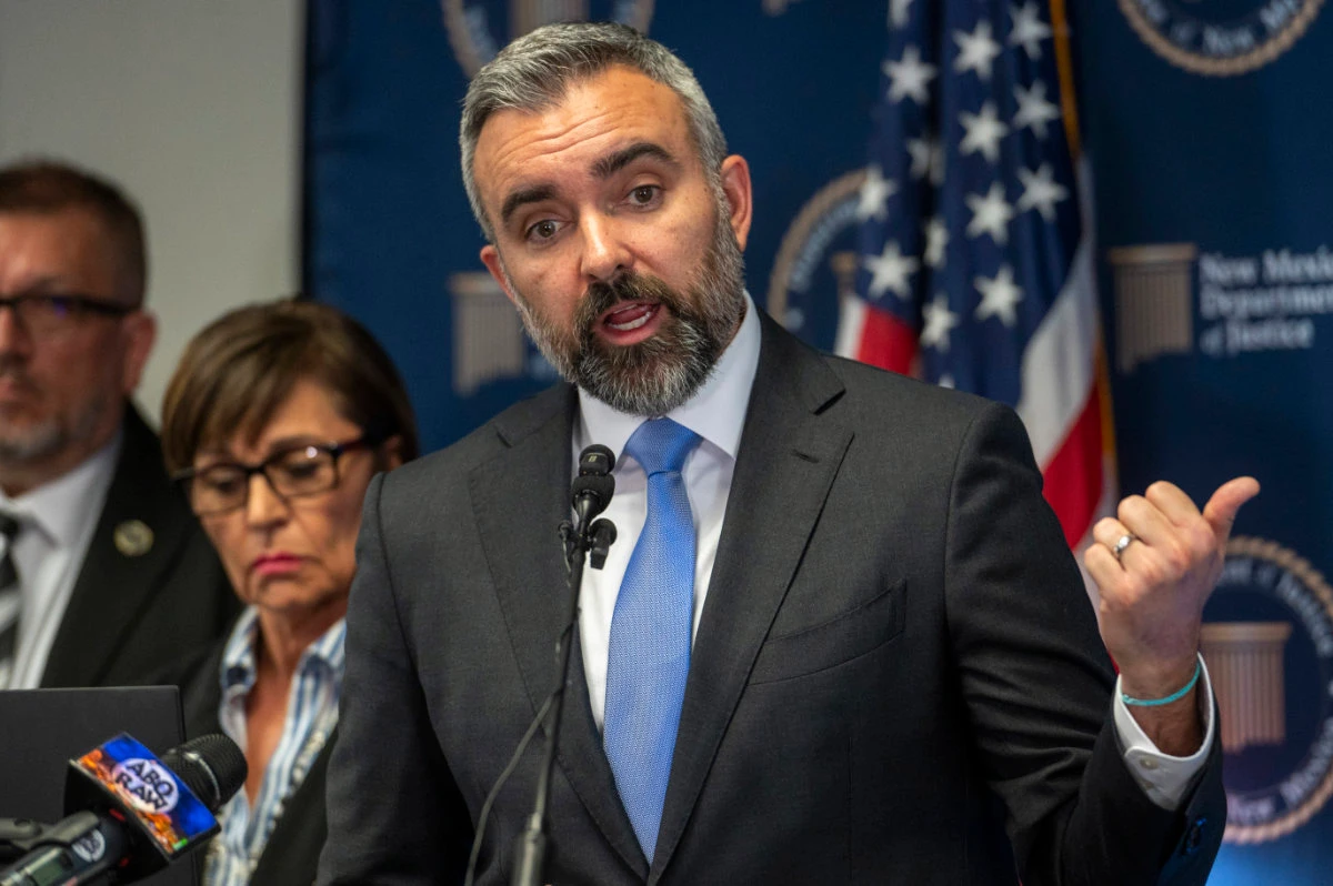 New Mexico Attorney General Raúl Torrez announced charges on May 8, 2024, against three men who are accused of using Meta's social media platforms to target and solicit sex with underage children. (The Albuquerque Journal via AP)