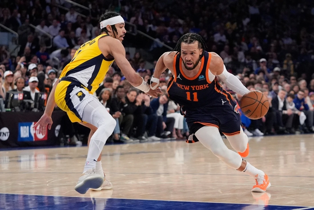 New York Knicks' Jalen Brunson drives past Indiana Pacers' Andrew Nembhard during the second half of Game 2 in an NBA basketball second-round playoff series Wednesday in New York. The Knicks won 130-121. (AP)