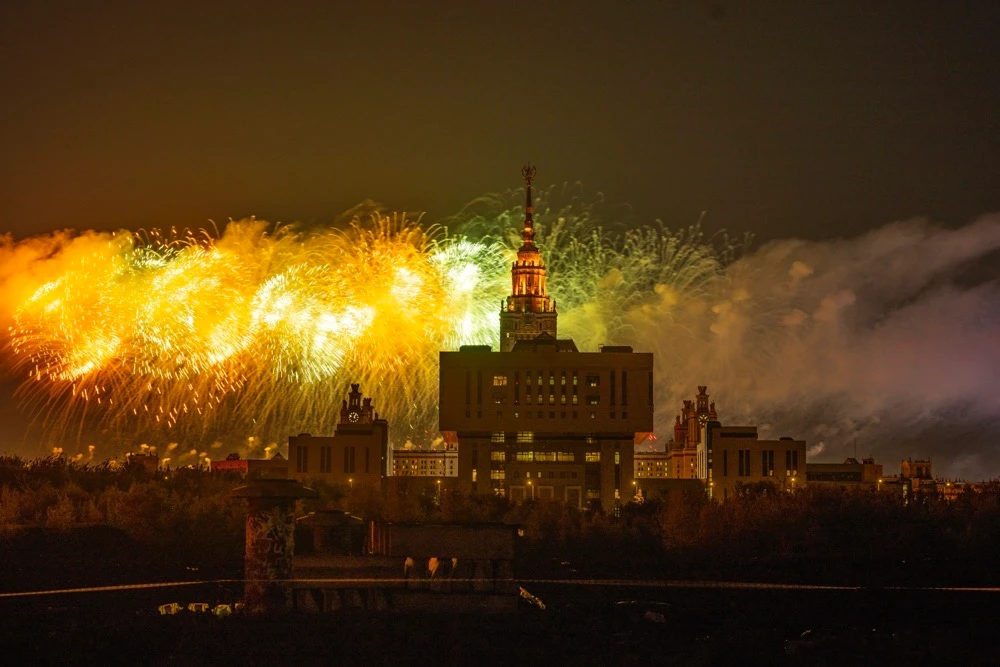 Fireworks explode over the historical building of the Moscow State University on the Vorobyovy Gory (the Sparrow Hills) during Victory Day, the 79th anniversary of the end of World War II, in Moscow, Russia. (AP)