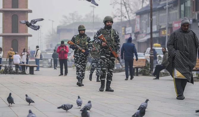 Indian paramilitary soldiers patrol at the main market in Srinagar, Indian administered Kashmir on December 11, 2023. (AP)