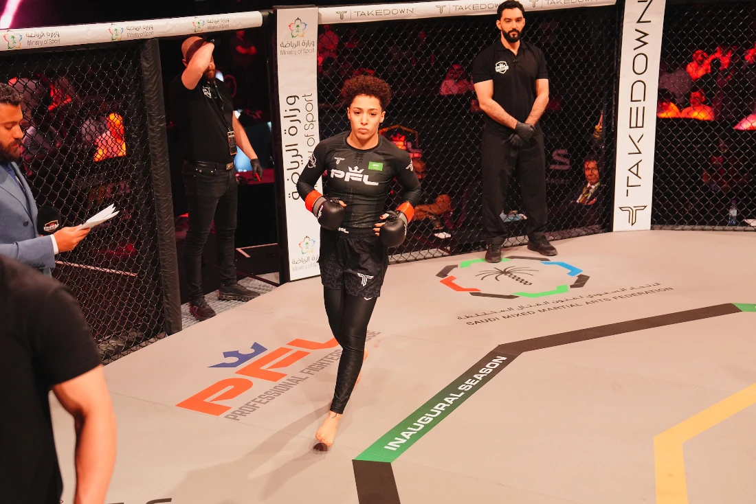 Saudi Arabia’s own Hattan Alsaif turned in a spectacular MMA debut, knocking out Egypt’s Nada Faheem with a head kick in the second round. (Supplied)